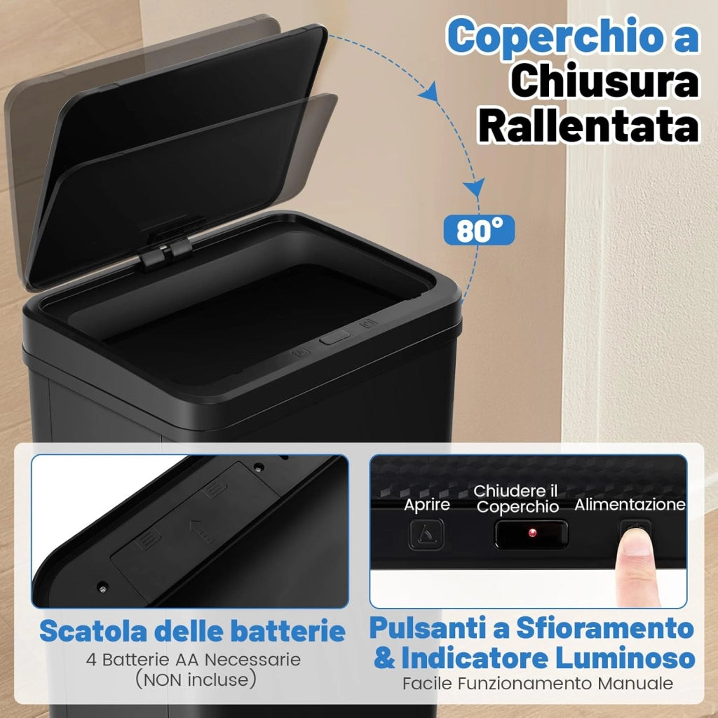Bidone per Spazzatura in Acciaio Inossidabile 50L, Cestino per Spazzatura Automatico con Sensore di Movimento e Coperchio Rimovibile, con Gambe Staccabili per Cucina Ufficio (Nero)