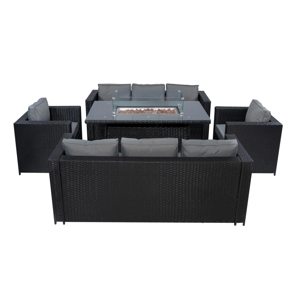 Set Giardino Rattan 8 Posti Nero Divani Poltrone Tavolo Firepit