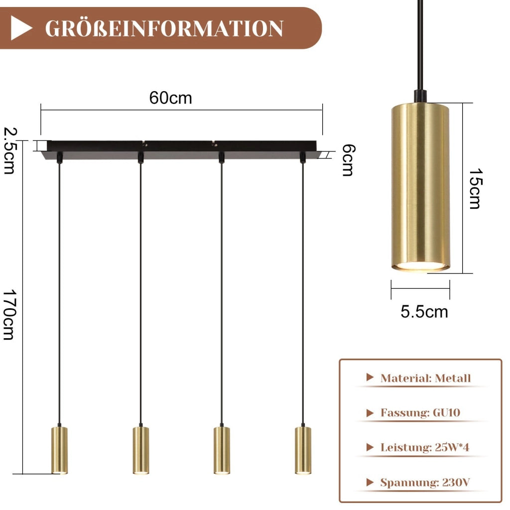 Lampada a sospensione ZMH GU10 retr¨° oro 170cm metallo con 4 luci in stile industriale