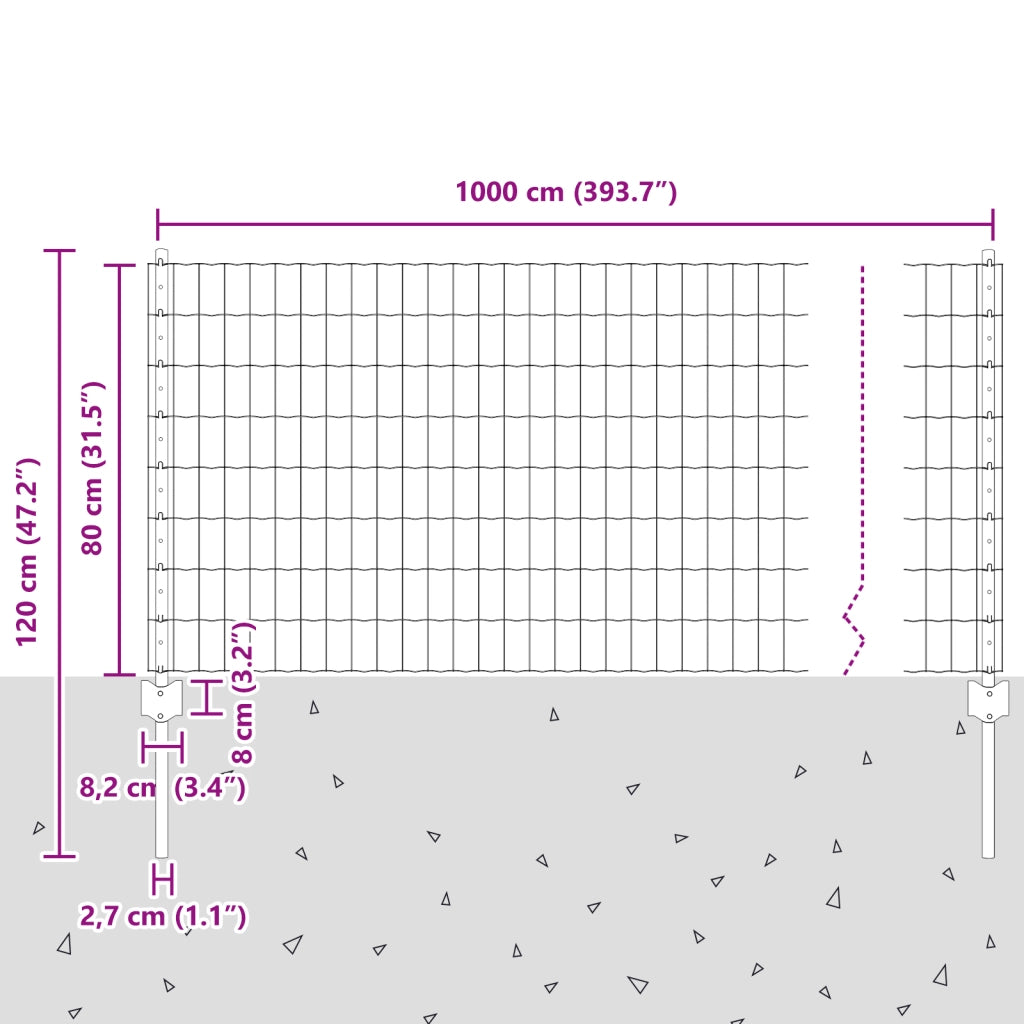 Recinzione Euro con 5 Pali Grigi 0,8x10 m Acciaio