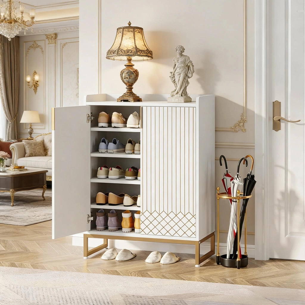 Scarpiera a 5 ripiani con 2 ante e spazio per 20 paia di scarpe in legno e metallo bianco e oro per ingresso e soggiorno