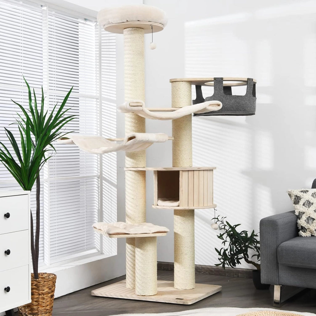 Albero per Gatti 197 CM, Tiragraffi per Gatti a Più Livelli con Nicchia in Legno, Trespolo Superiore, Amache, Cestello Sospeso, Tiragraffi con Pali in Sisal e Palline