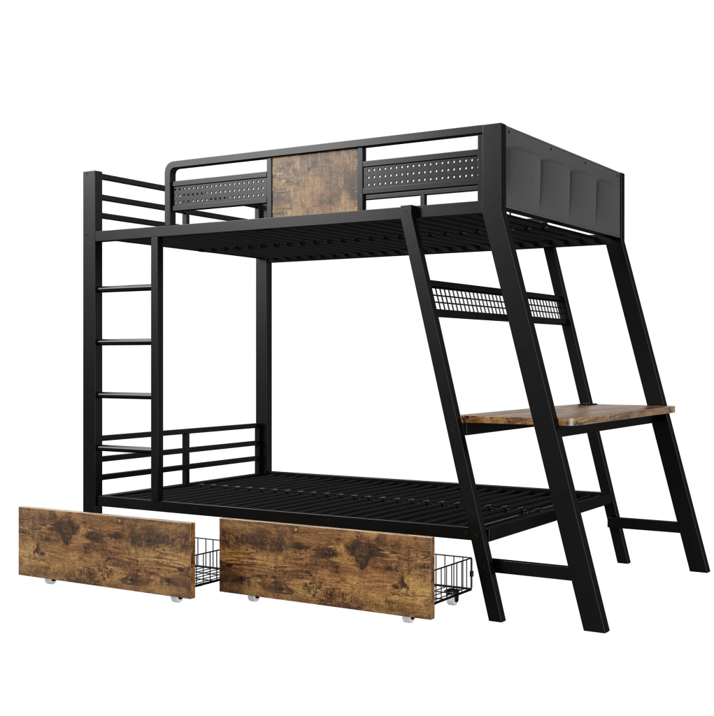 Letto a castello in metallo 90x200 cm con scrivania integrata e LED