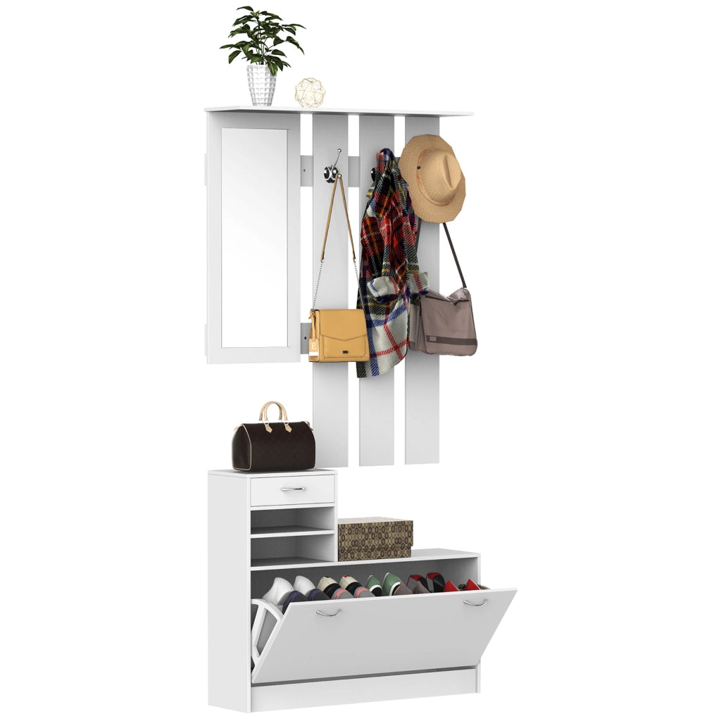 Mobile Ingresso con Specchio Appendiabiti e Scarpiera ¨C Zephmum ¨C 2 Pezzi 6 Ganci Bianco
