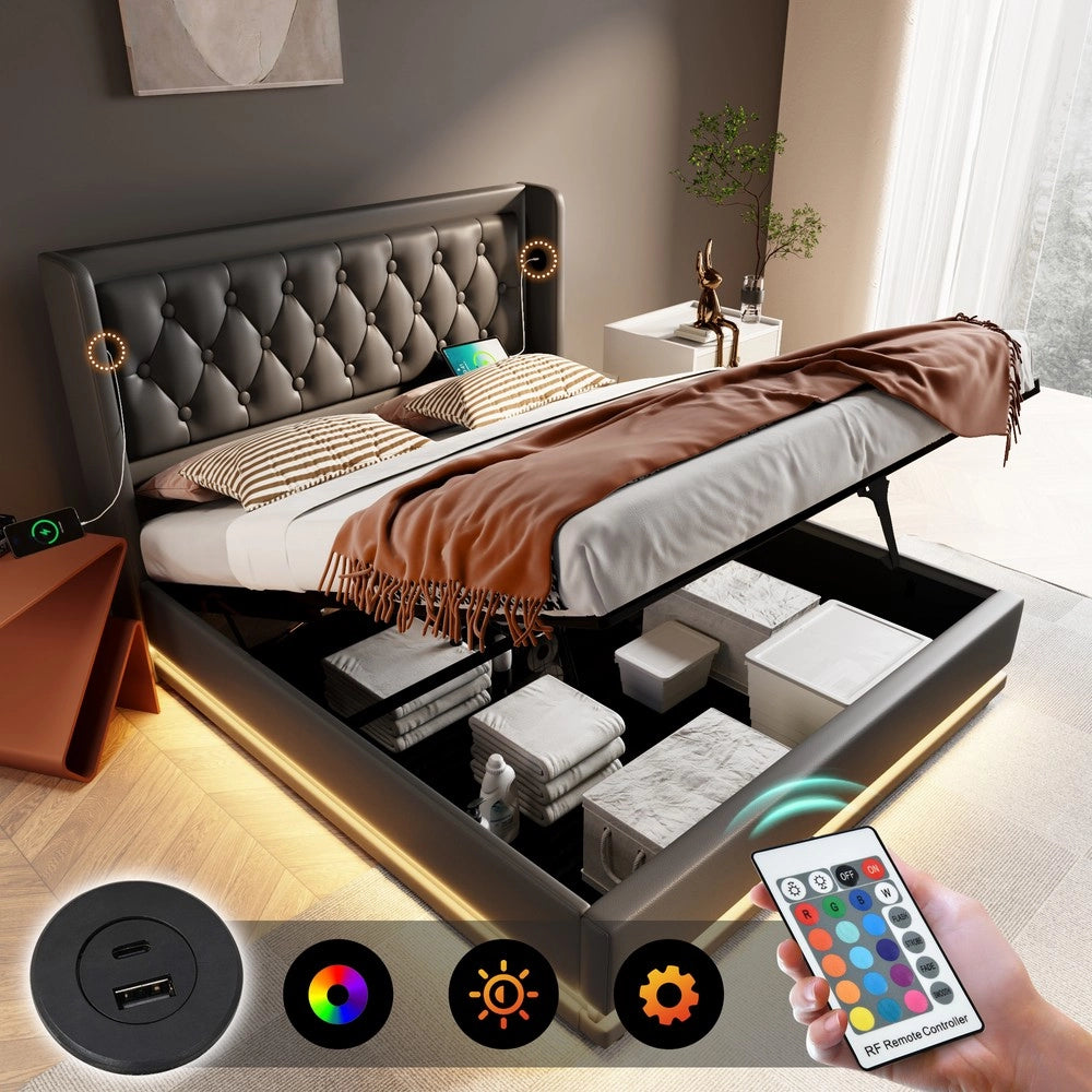 Letto Imbottito Contenitore Matrimoniale LED USB con Materasso ¨C MINIMAL ¨C Nero 140x200 Idraulico