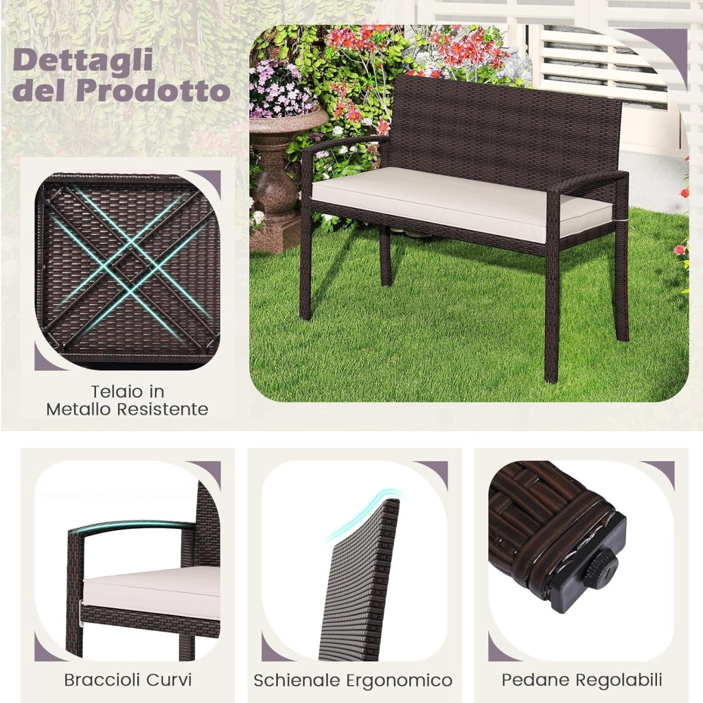 Panchina da Esterno in Rattan PE 110 x 56 x 84 cm, Panchina da Giardino con Morbido Cuscino, Schienale e Braccioli, Poltrona per Veranda, Balcone e Ingresso (Bianco)