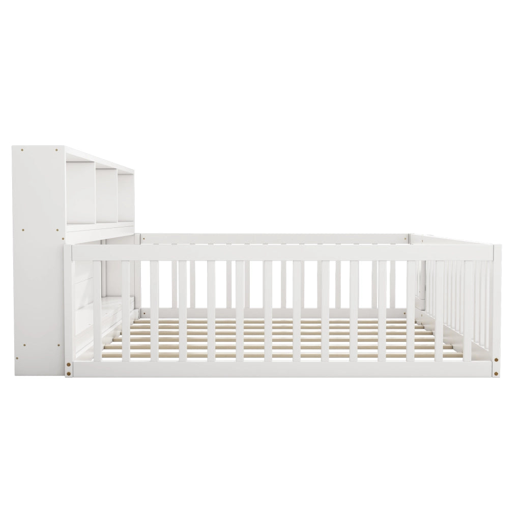 Daybed 140x200 cm con sponda di sicurezza, ripiani laterali e rete a doghe, bianco