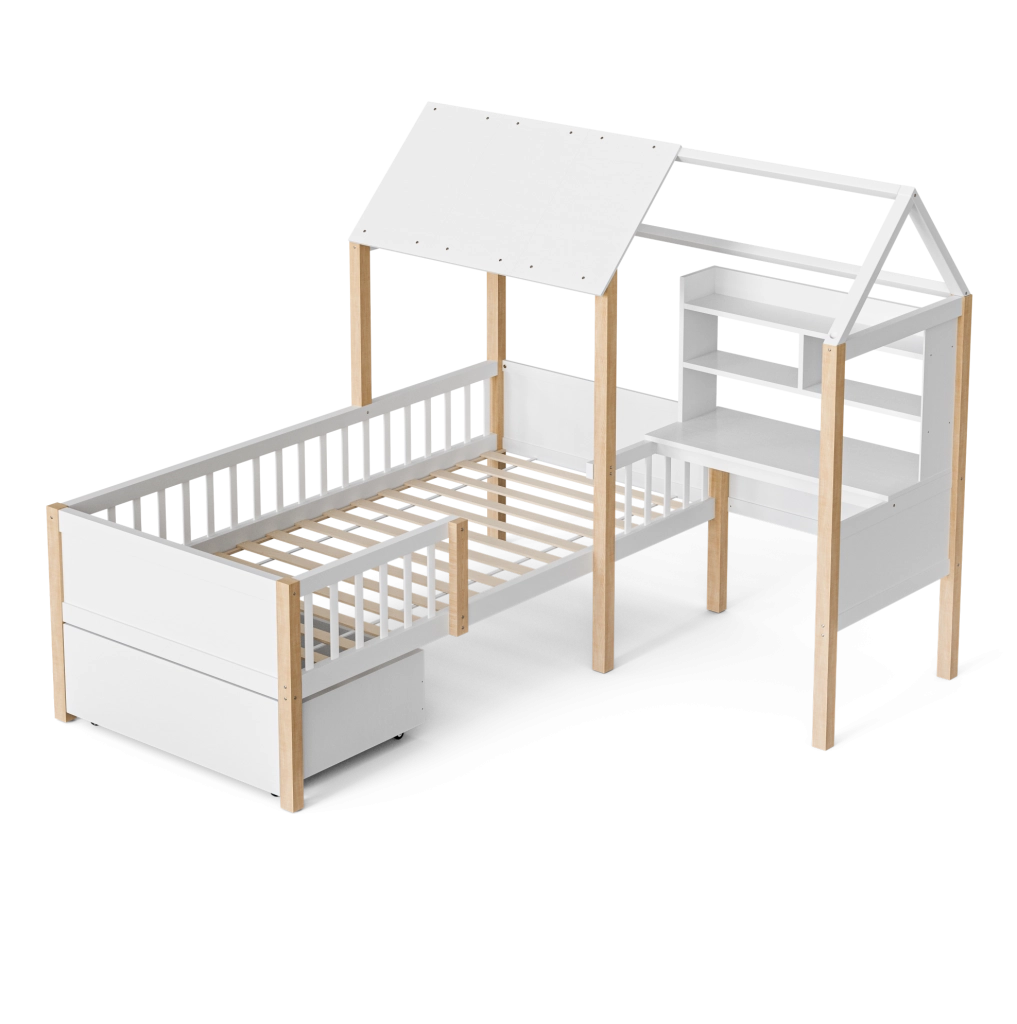 Letto per bambini 90x200 con scrivania, libreria e cassetti per ottimizzare al meglio lo spazio