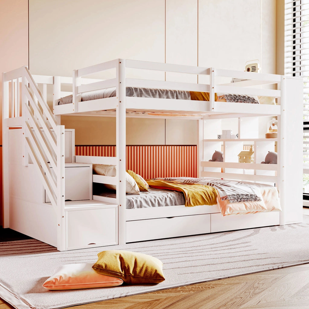 Letto a castello in pino 90 x 200 cm con scala contenitore; cassetti e armadio; bianco