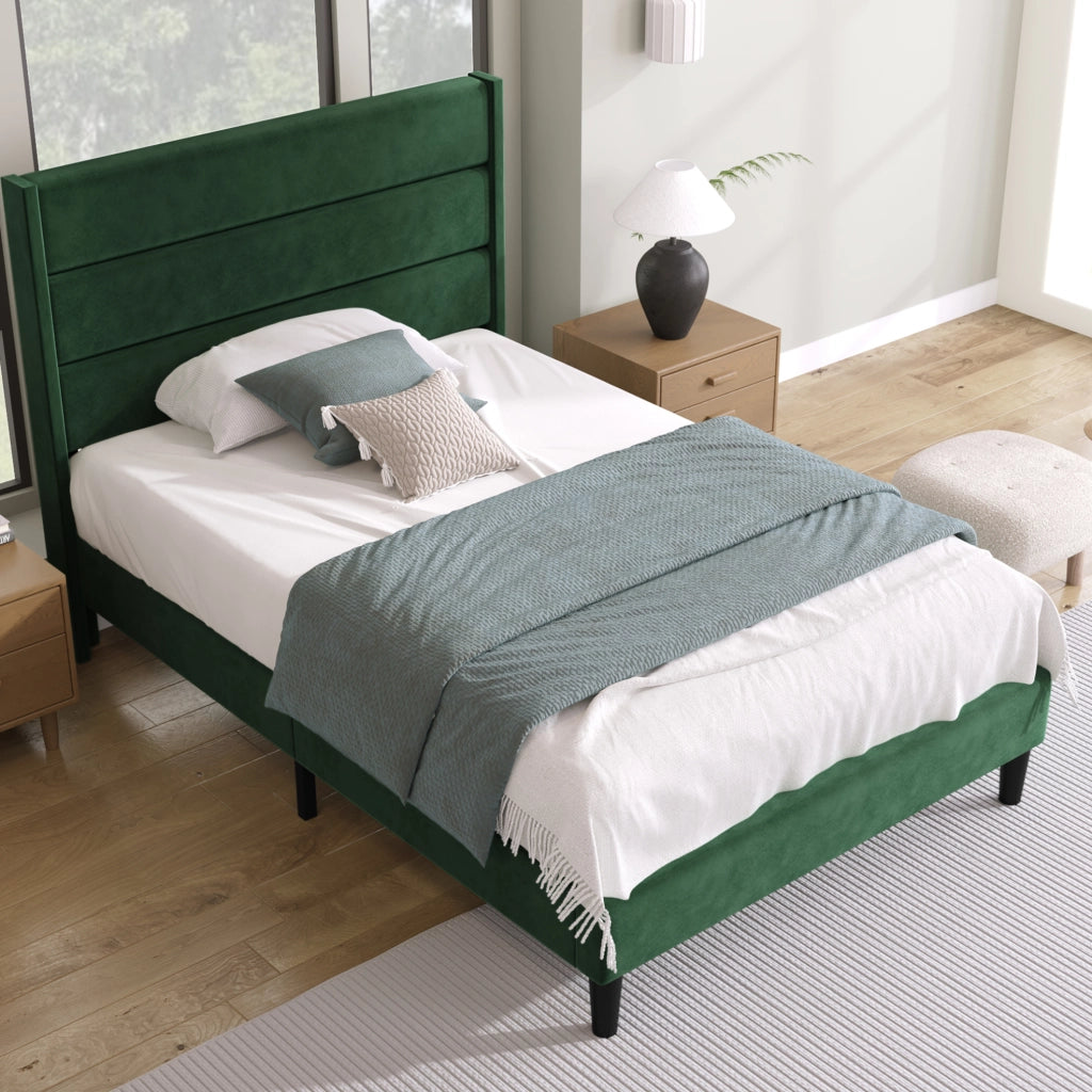 Letto imbottito 90x200 cm in velluto verde scuro con rete