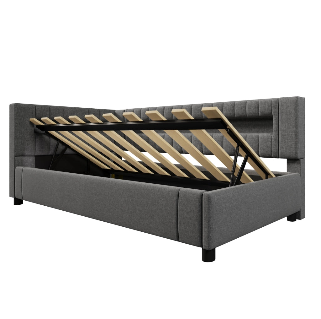 Letto daybed 90x200 cm con contenitore idraulico e LED in lino grigio