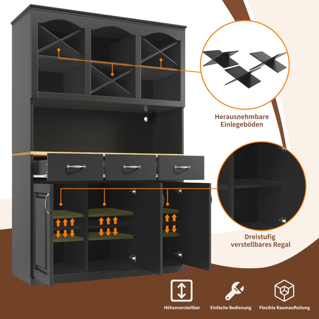 Credenza da Cucina Alta con 3 Ante; 3 Cassetti; Ripiani Regolabili e LED; per Cucina; in MDF; Nero; 120 x 40 x 180 cm