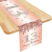 Tavolo per il 13° compleanno ragazza in rosé oro, Happy 13° compleanno, tovagliata per il 13° compleanno, compleanno, anniversario di fidanzamento, celebrazione, festa, cena, tovagliato, tovagliato per tavola, tovagliato decorativo per casa, 180x35 cm