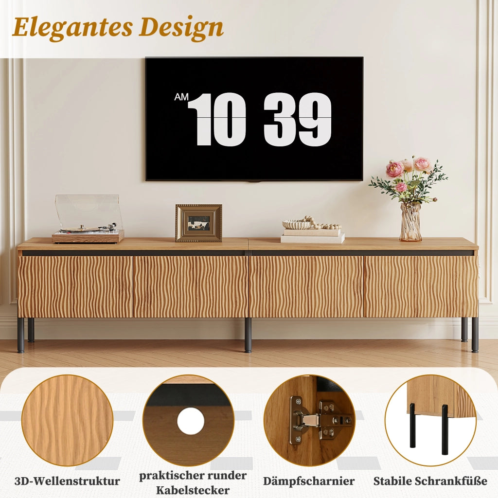 Mobile porta TV con 4 ante ondulate e 2 vani chiusi, fori passacavi, in MDF e truciolare, naturale, 180 × 35 × 43 cm
