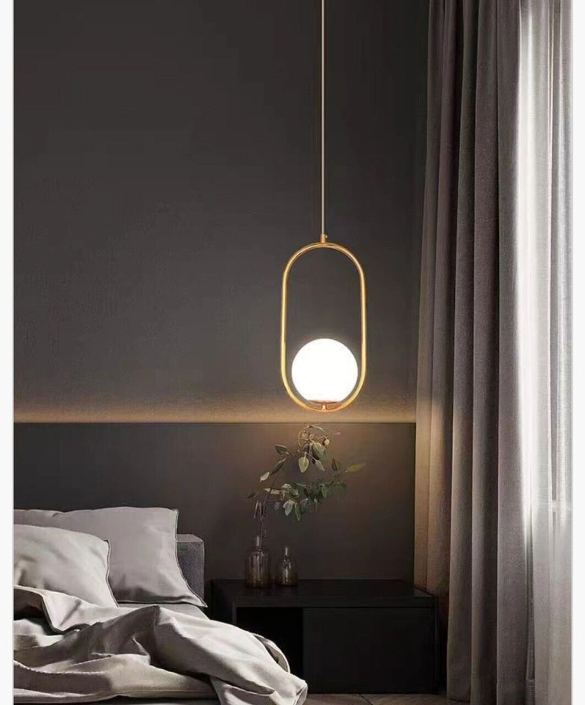 Lampadario a sospensione da soffitto in alluminio color oro bronzo con sfera e attacco per lampadine G9
