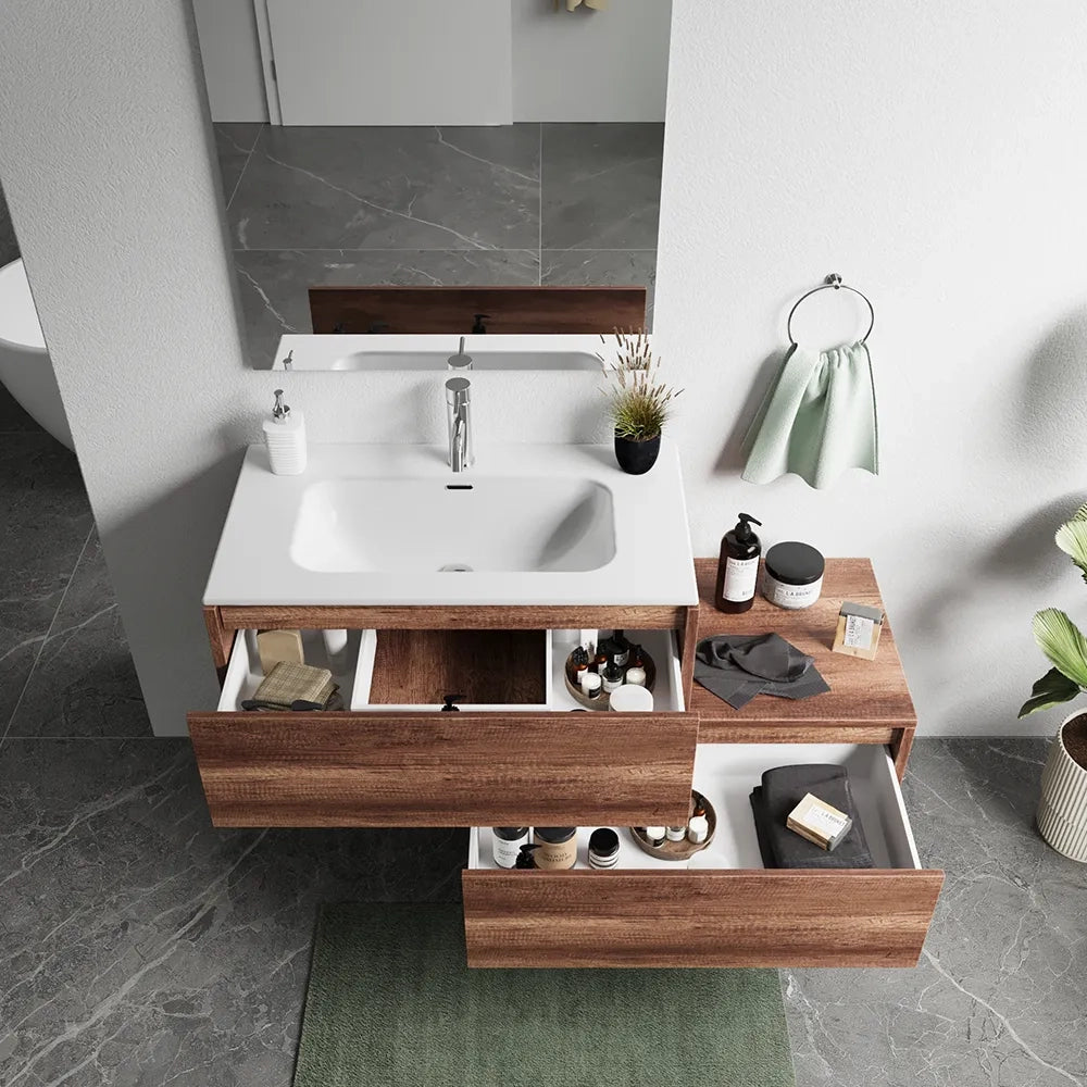 Mobile bagno sospeso modulare 80cm due cassetti apertura push&pull rovere barok con lavabo | Galdor