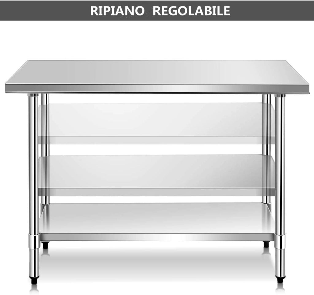 Tavolo da Lavoro in Acciaio Inox 122 x 61 x 90 Professionale, Bancone in Acciaio con Ripiano Regolabile, Mobile con Piano di Lavoro Preparazione di Alimenti, per Cucina e Ristorante