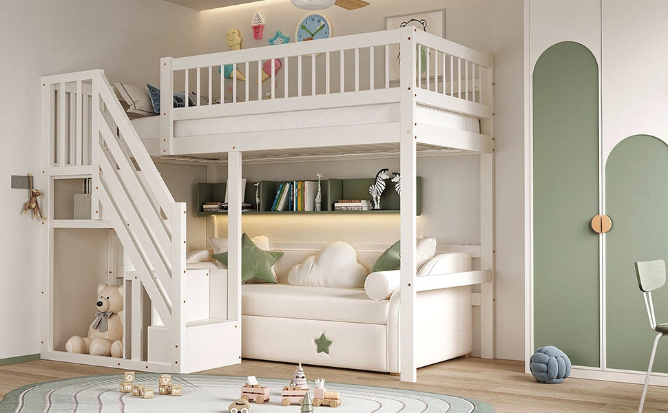 DESMIU Letto a soppalco 1 posto con scala contenitore e barriera, 90 × 200 cm, senza materasso, bianco