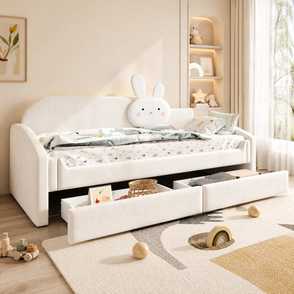 Letto per bambini 90x200 cm con 2 cassetti e LED; rivestito in velluto beige