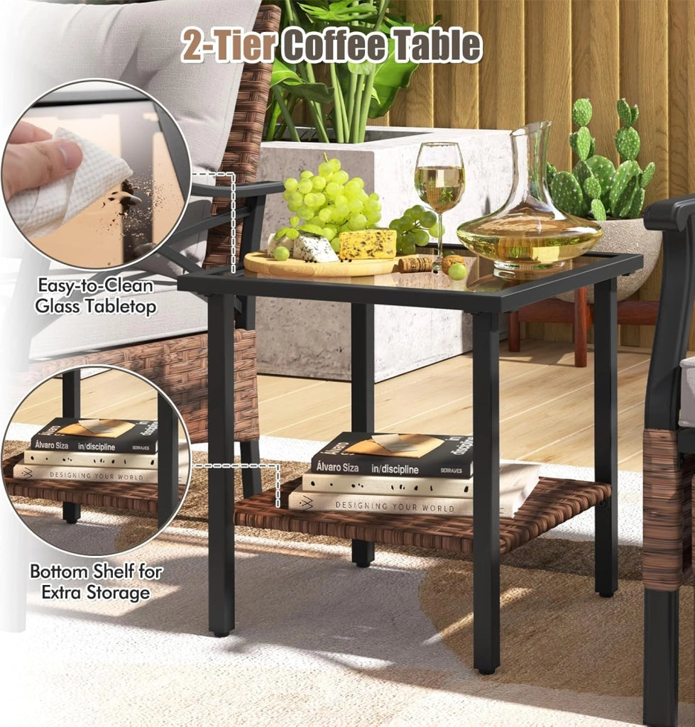 Set di mobili da giardino in rattan, per balconi, balconi, terrazze, 2 poltrone con sgabello, con cuscino, set di mobili da balcone per 2 persone (Marrone)