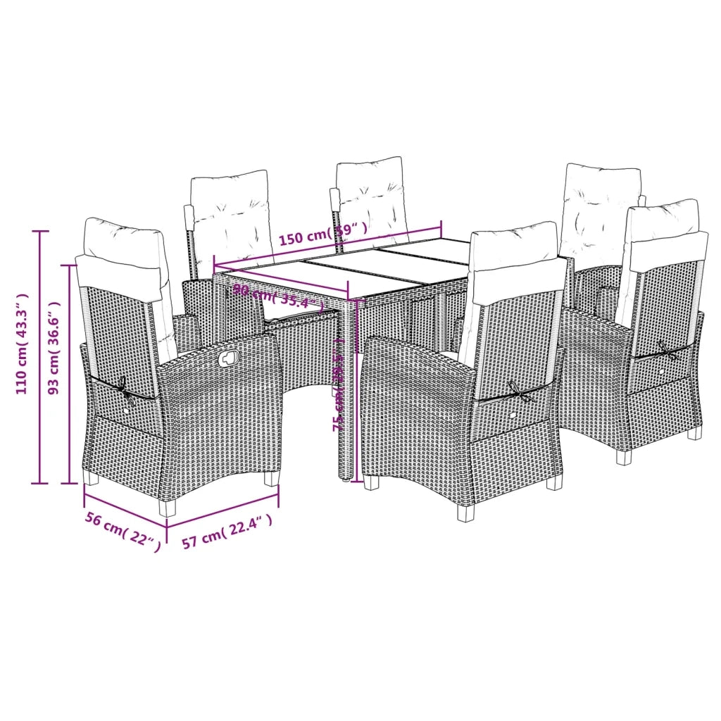 Set da Pranzo da Giardino 7 pz Nero con Cuscini in Polyrattan