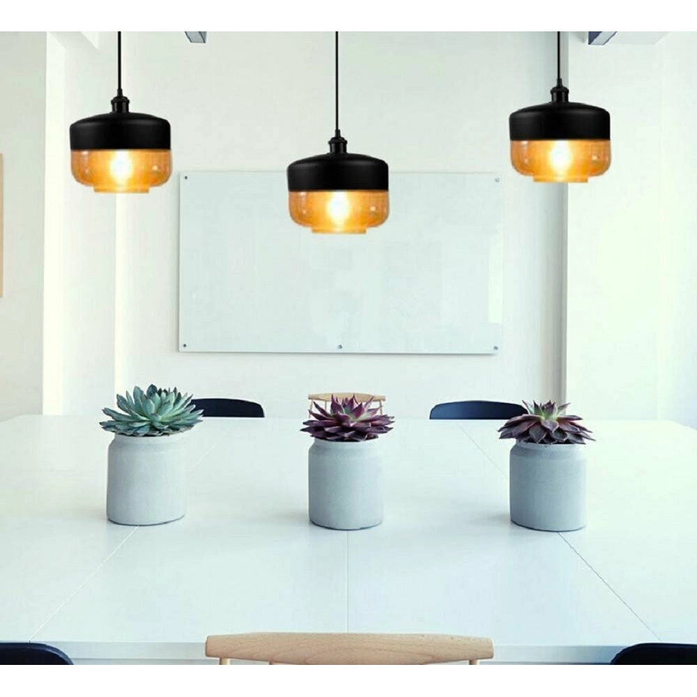 Trade Shop - Lampadario A Sospensione Vintage Da Soffitto E27 Nero Vetro Effetto Ambrato Lp13 -