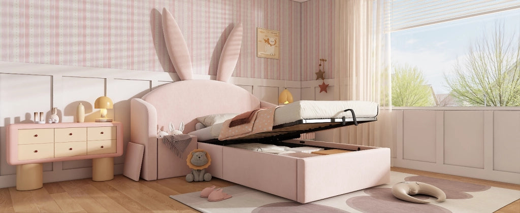 Letto per bambini 90 × 200 cm con testiera imbottita a orecchie di coniglio, contenitore laterale, senza materasso, rosa in velluto