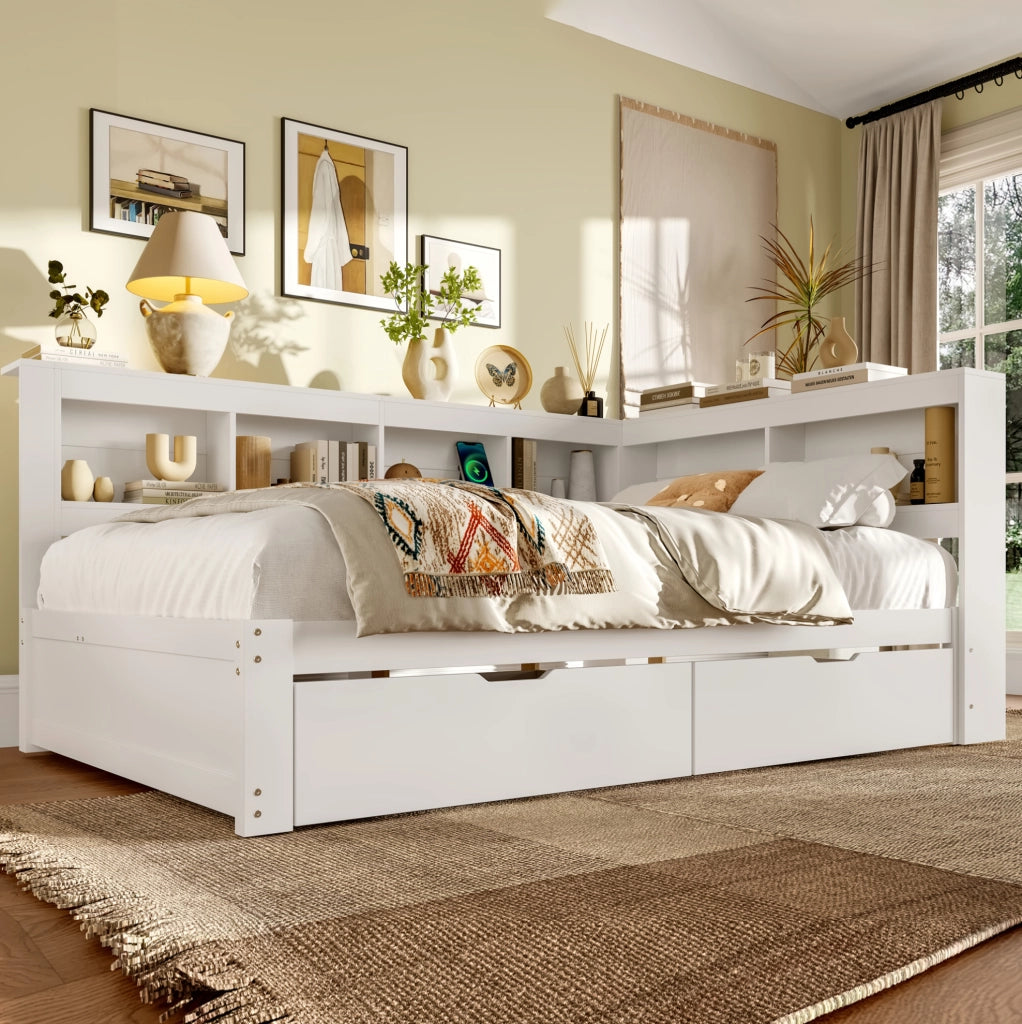 Divano letto 140x200 cm con prese e 2 porte USB in MDF e pino bianco