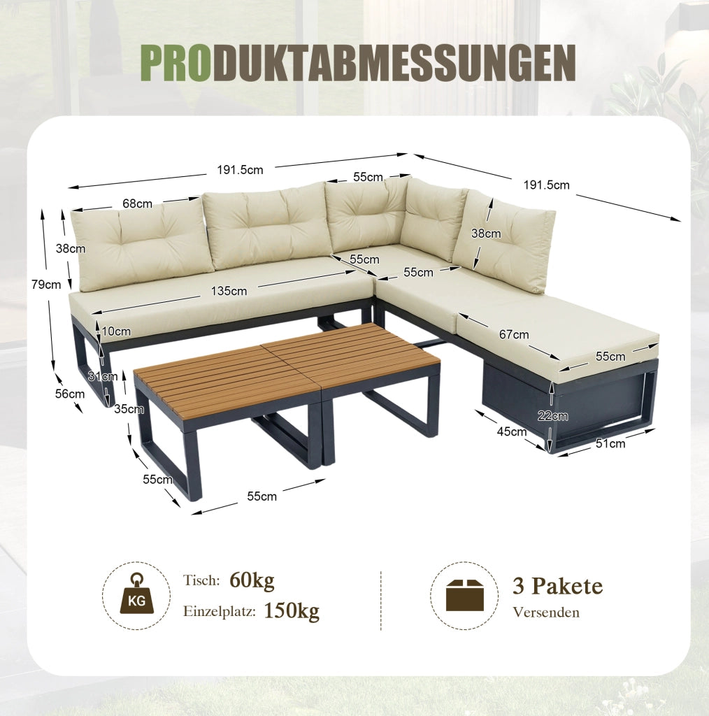 Set divano da giardino modulare 191.5x191.5x79 cm con contenitore; beige