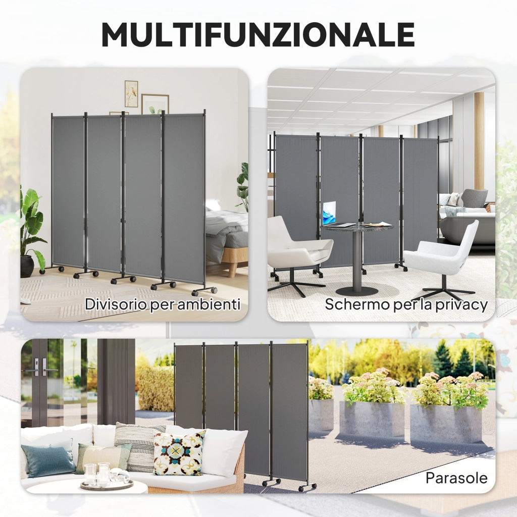 Paravento da Esterno e Interno a 4 Pannelli Pieghevole con Ruote, 221x50x172cm, Grigio Scuro