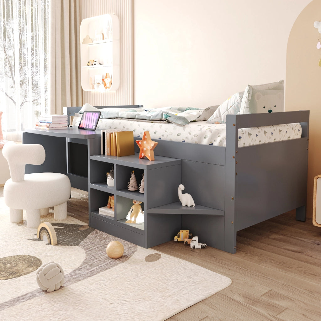 Letto combinato 90 × 200 cm con scrivania, contenitori integrati e prese USB, senza materasso, in legno, grigio