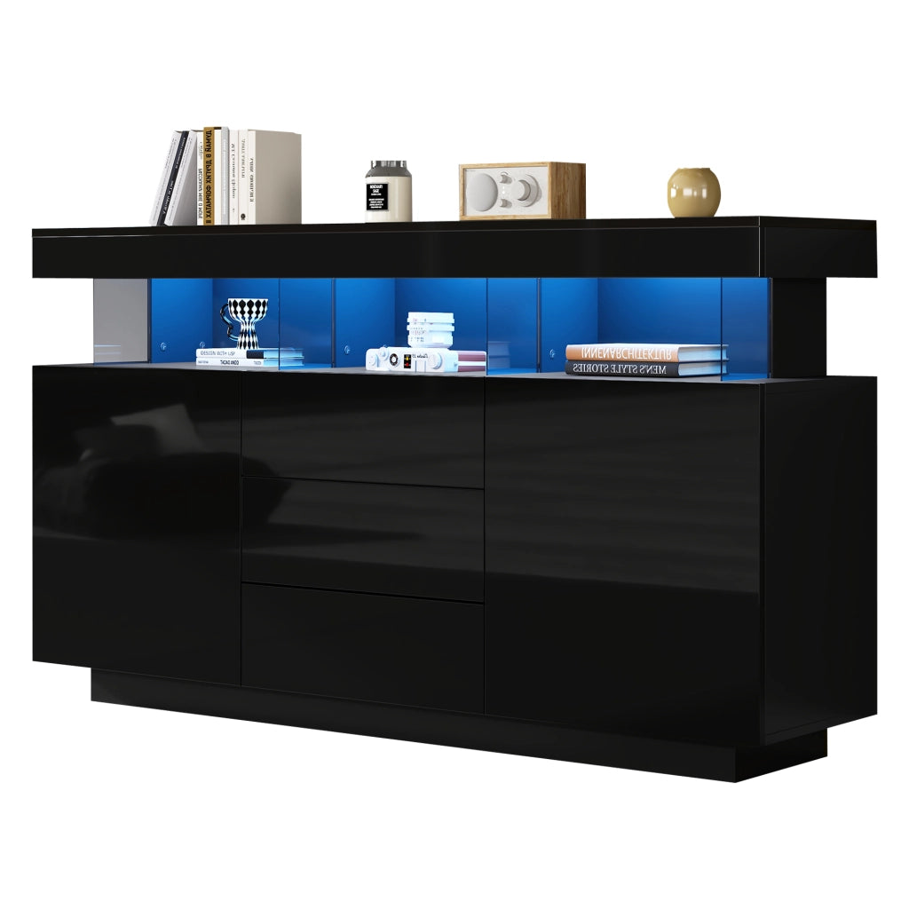 Credenza Moderna Nera Lucida 140 cm con 3 Cassetti e 2 Ante; Mobile Soggiorno con LED