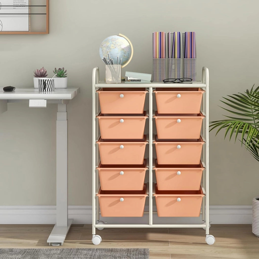 Carrello con 10 cassetti, impilabile, per cassetti, da cucina, bagno, ufficio, 65,5 x 37 x 87 cm (arancione chiaro)