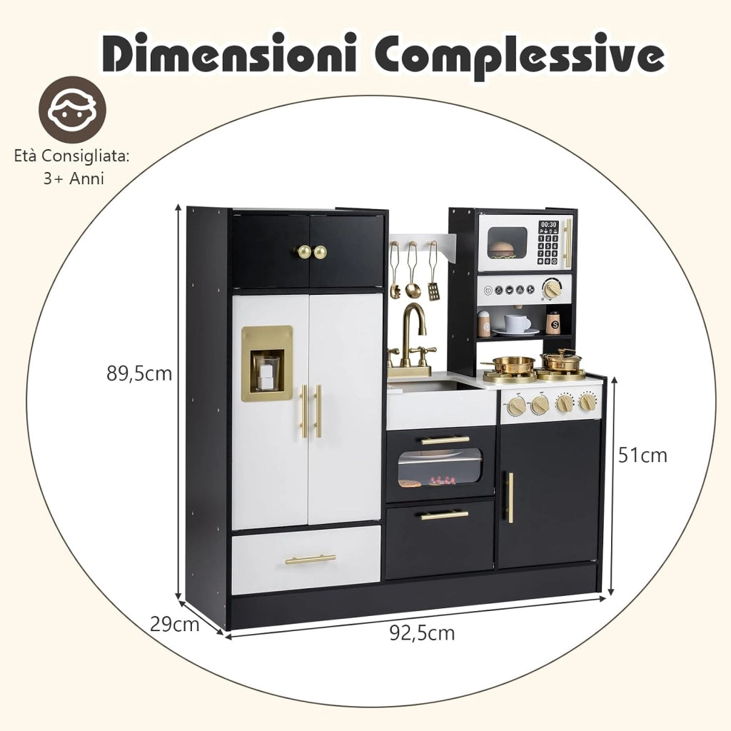 Cucina Giocattolo per Bambini, Set Cucinetta in Legno con Luci e Suoni Realistici, Fornelli, Lavello, Rubinetto, Forno, Microonde, Macchina del Caffè, Gioco di Finzione Chef per Bambini 3+