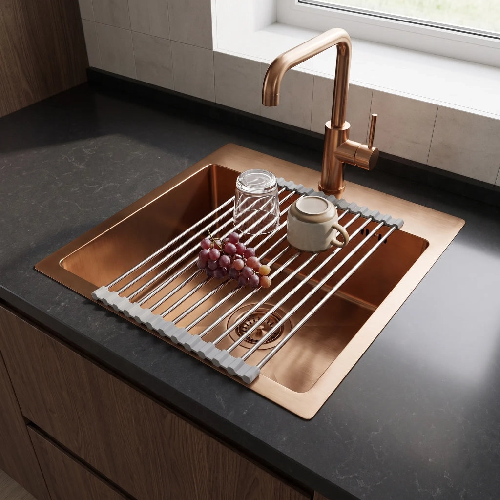 Lavello In Acciaio Con Set Di Accessori 3 Pz. Rea Leo 40 Brush Copper Accessori beige