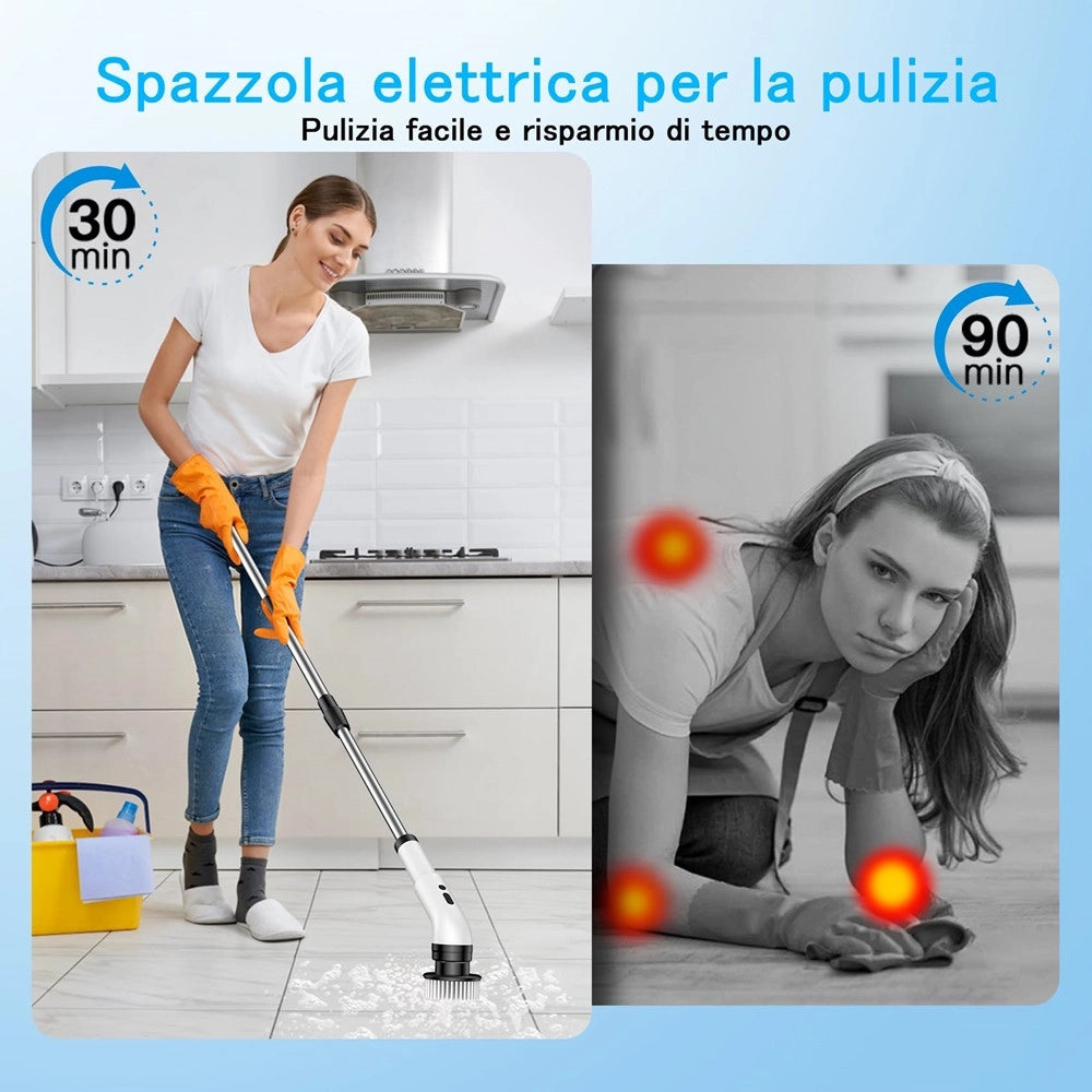 Trade Shop - Spazzola Rotante Elettrica Multifunzione 9in1 Ricaricabile Senza Fili Manico Estensibile -