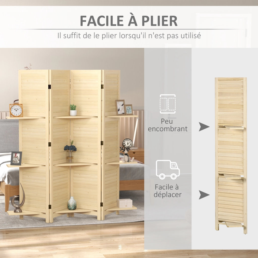 Paravento con 4 pannelli e 3 mensole ¨C zephmum ¨C legno naturale 160x170 cm