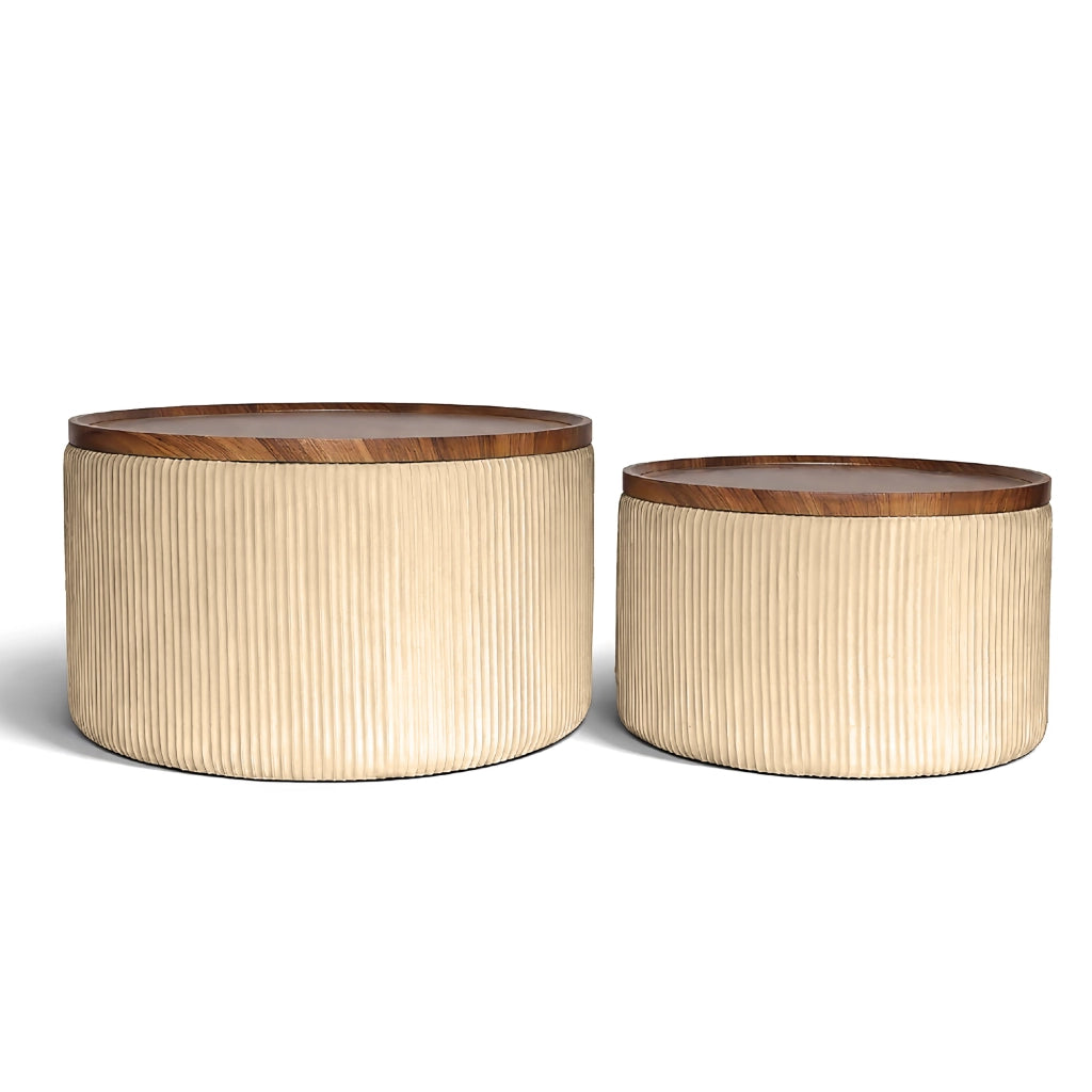 Set 2 Pouf Contenitore Rotondi in Velluto con Coperchio in Legno, Tavolino da Salotto Moderno, Pouf Contenitore Multiuso, Pouf Poggiapiedi, Tavolino Contenitore Salvaspazio Crema