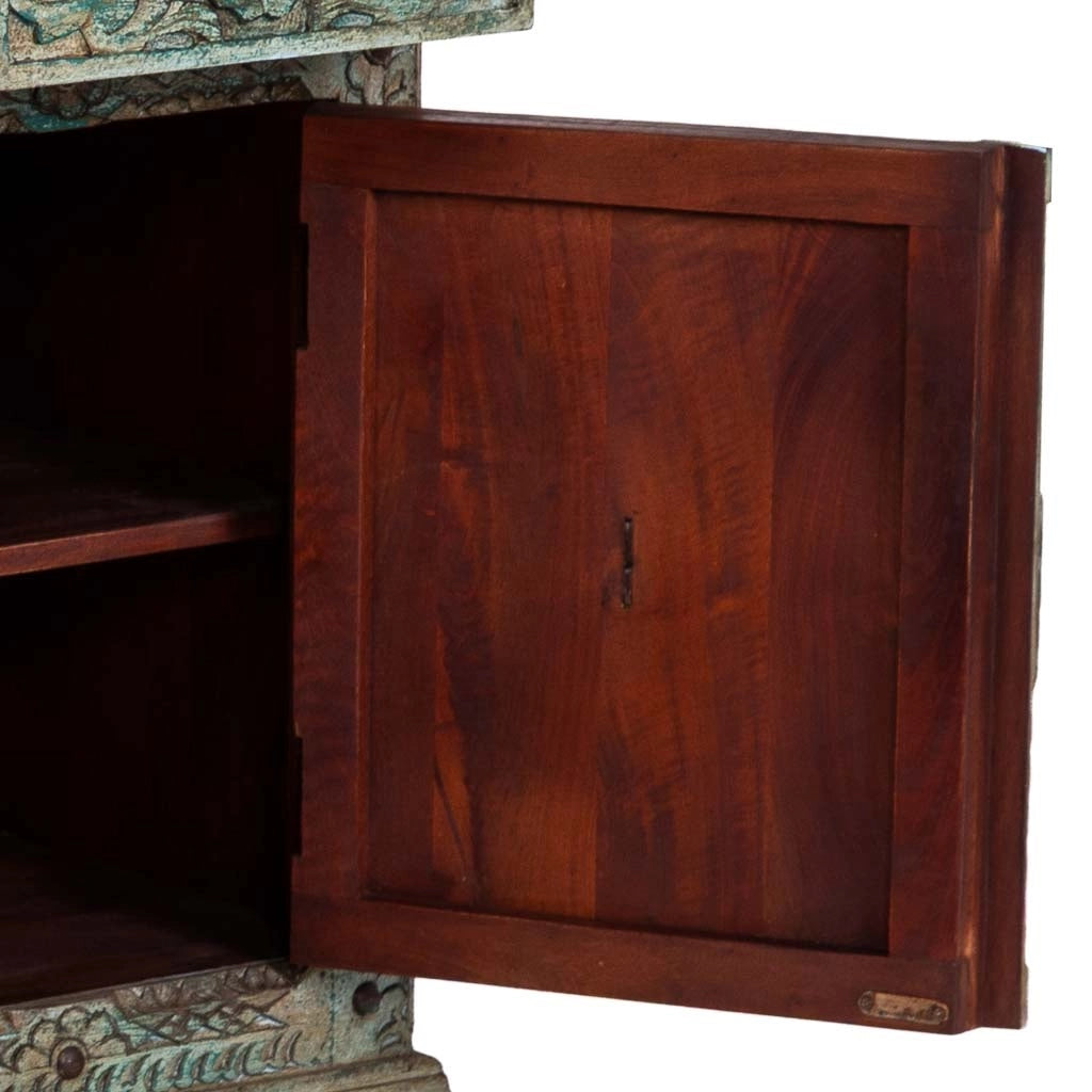 Credenza in legno blu intagliata a mano 180x45x96h cm