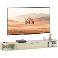 Mobile TV Sospeso con Cassetto Ribaltabile, 2 Ripiani Aperti e Gestione Cavi 140x24x16 cm Legno naturale