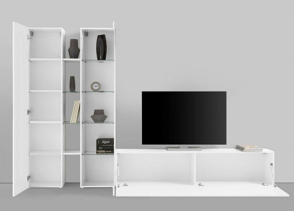 Mobile Soggiorno Arin, Parete Attrezzata 13 Ripiani Made in Italy, 280x30x180h cm Bianco Lucido
