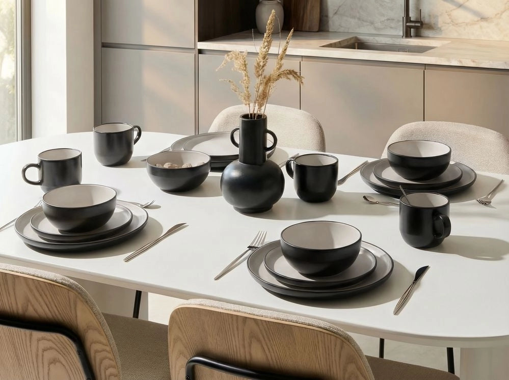 Servizio da tavola 16 pezzi in gres beige e blu elegante per cucina e sala da pranzo con finitura smaltata colorata per 4 persone