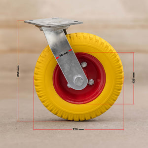 Set 4 ruote girevoli da trasporto, antiforatura, 220x58 mm, 100 kg/ruota, con piastra di montaggio