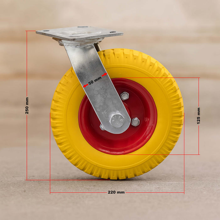 Set 4 ruote girevoli da trasporto, antiforatura, 220x58 mm, 100 kg/ruota, con piastra di montaggio