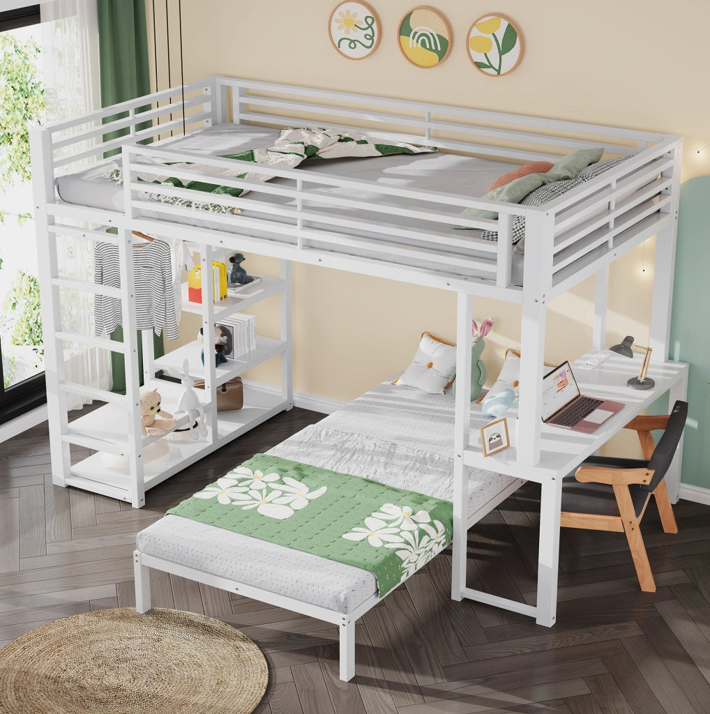 Letto a soppalco 90x200 cm con scrivania; ripiani e vano guardaroba; bianco in MDF e metallo