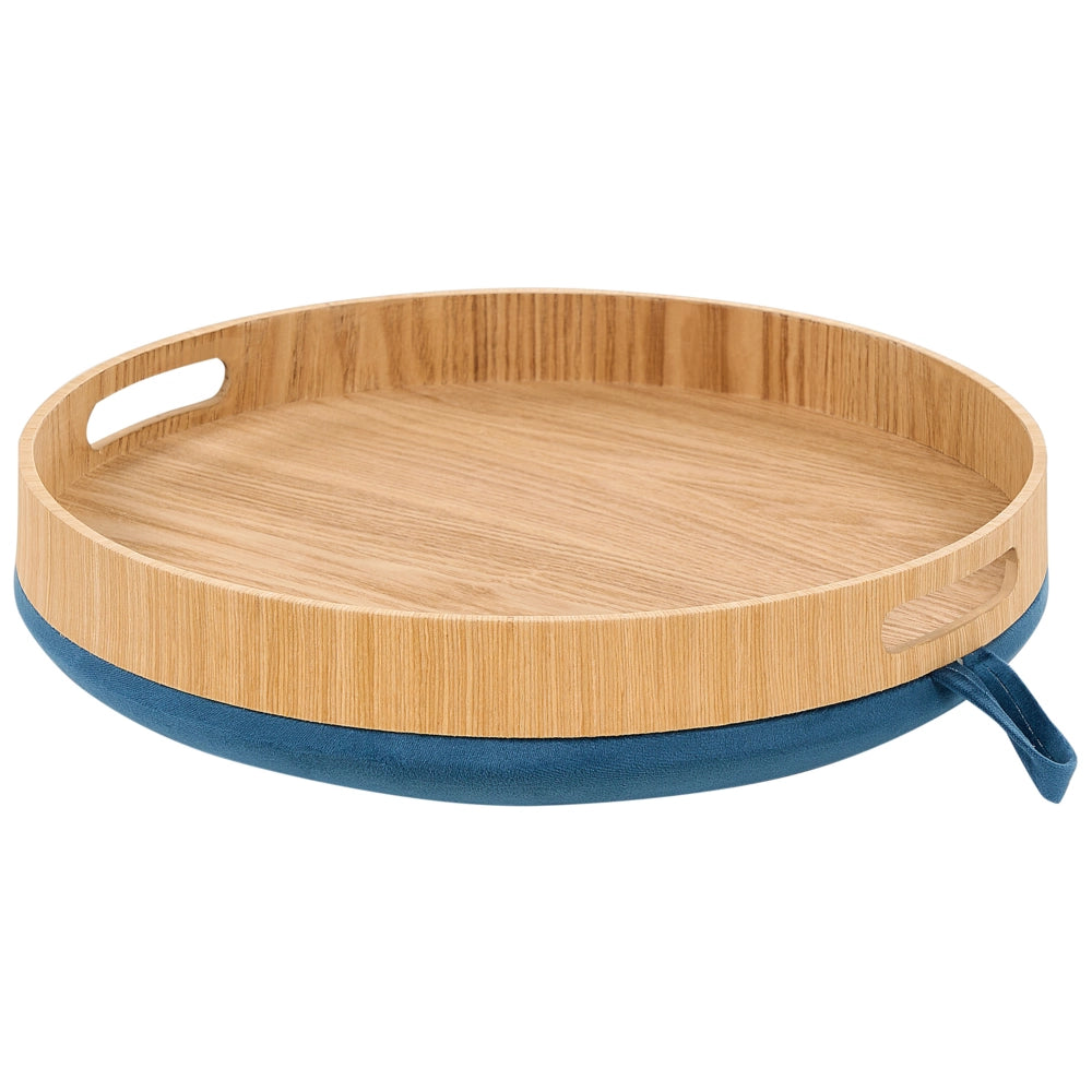 Pouf in velluto imbottito blu con vassoio contenitore stile glamour elegante soggiorno camera da letto