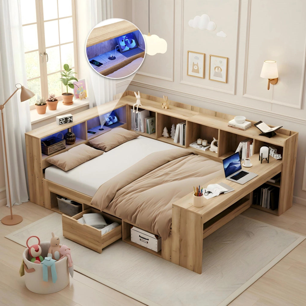 Letto Singolo Contenitore in Legno con LED, Cassetti e Scrivania ¨C MINIMAL ¨C 140x200