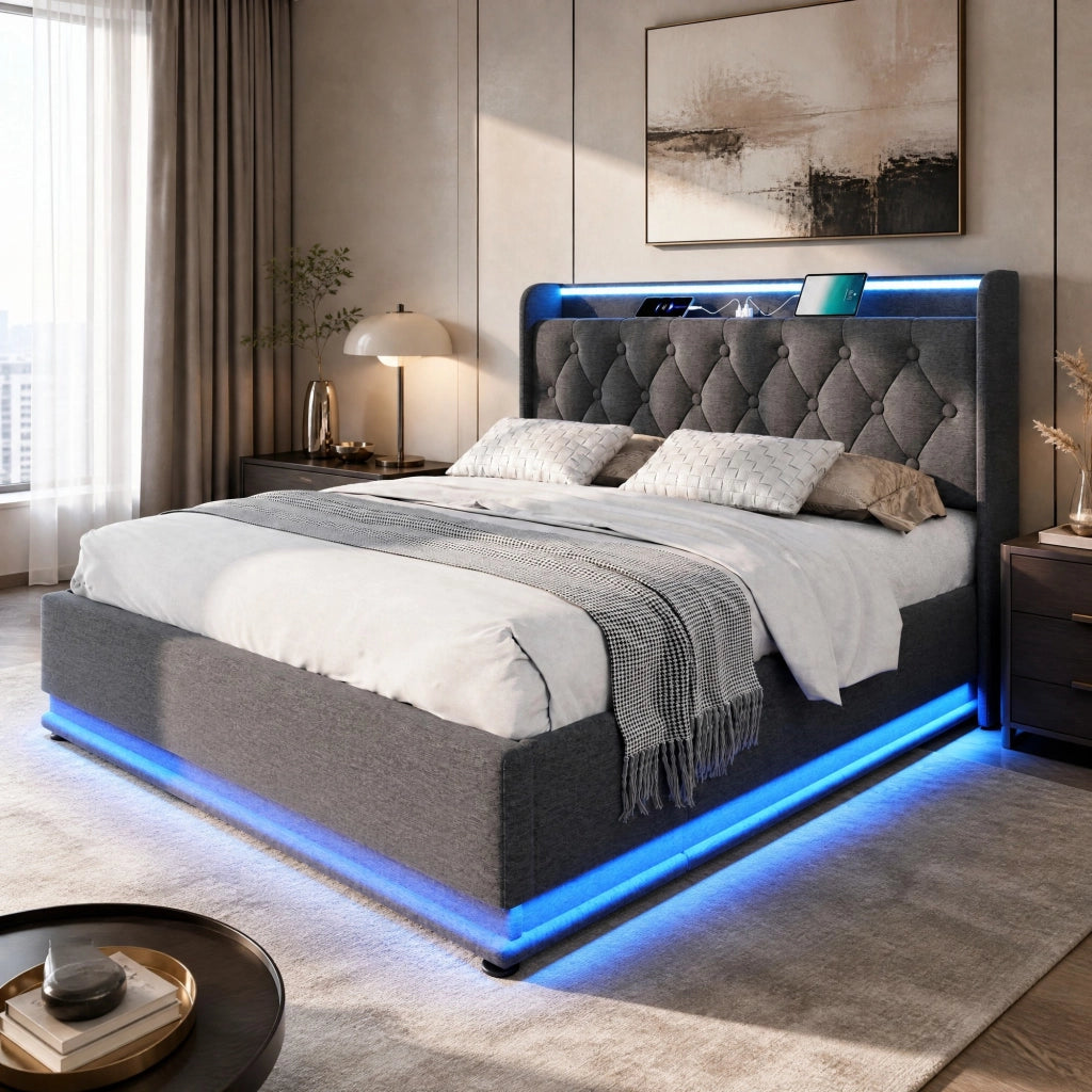 Letto imbottito 180x200 cm grigio in lino con LED; testiera con USB e vano contenitore idraulico