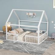 OKWISH Letto a casetta 140×200 cm, Letto Matrimoniale con Sponda di Sicurezza e Cancelletto, senza Materasso, in Metallo, Bianco
