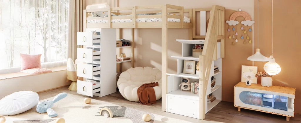Letto a soppalco 90 × 200 cm con 4 cassetti, scaffale a 3 ripiani e scala con vano, senza materasso, in legno naturale